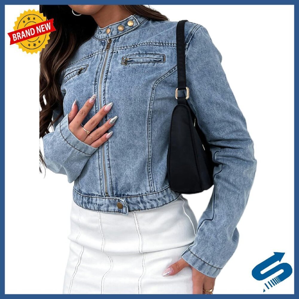 Cropped Denim Jacket Stretchy Zip Front Motorcycle Style